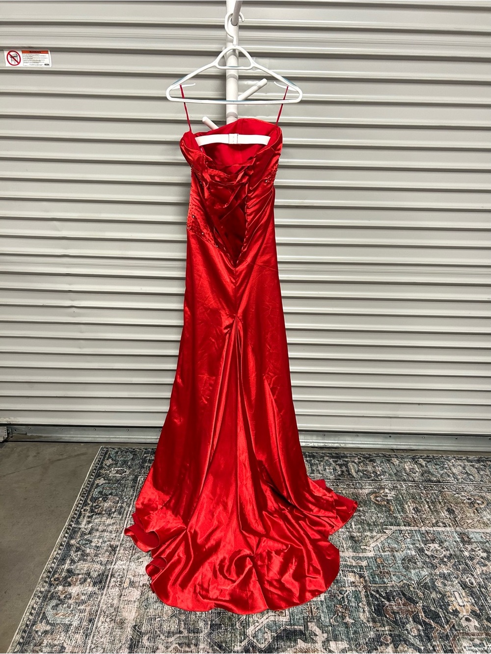 Red Satin Strapless Formal Gown Beaded Bodice Ruched Maxi Dress Prom Evening M - Picture 4 of 8